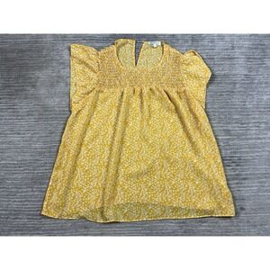Blousology Top Womens XL Yellow Floral Short Sleeve Smocked Front Semi Sheer